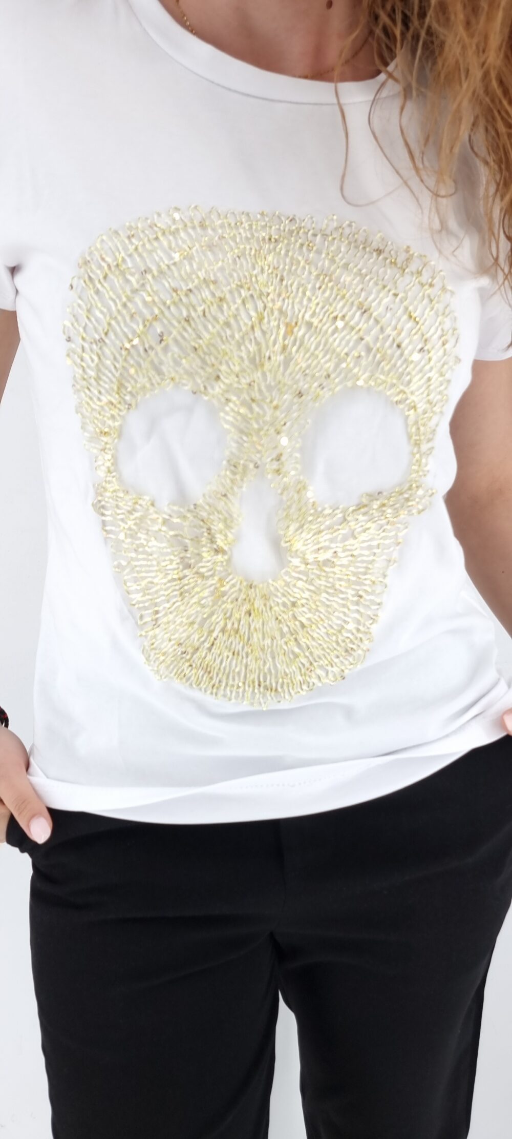 T-Shirt άσπρο βαμβακερό με σχέδιο χρυσή νεκροκεφαλή