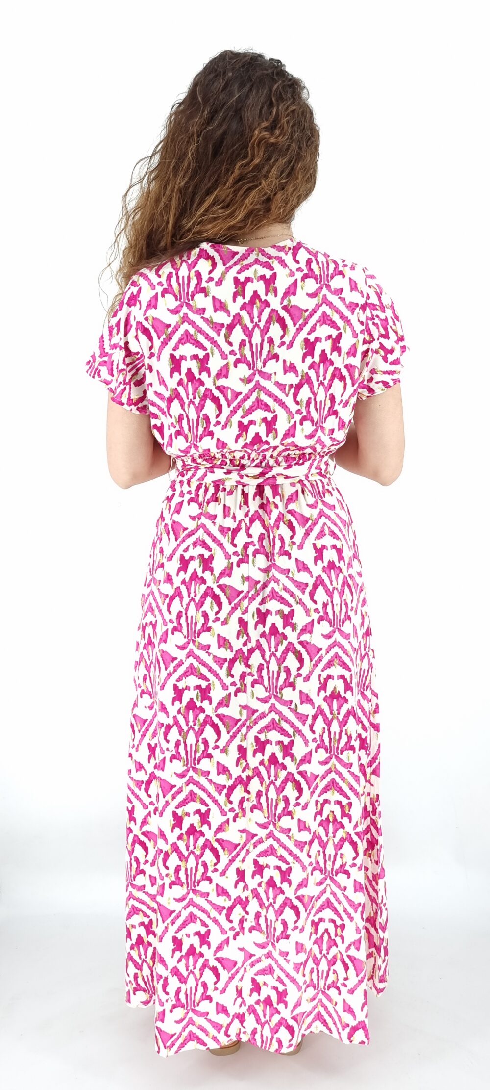Φόρεμα μακρύ κρουαζέ με ίδια ζώνη και σχέδια ροζ