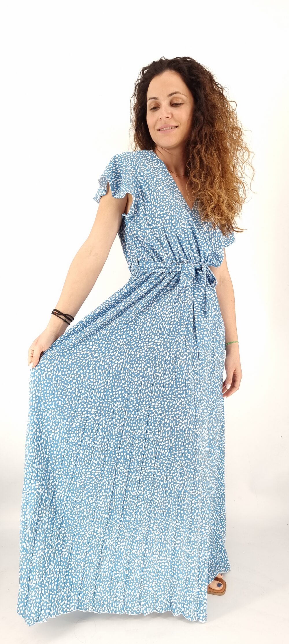 Φόρεμα μακρύ πουά κρουαζέ πλισέ με ίδια ζώνη μπλε