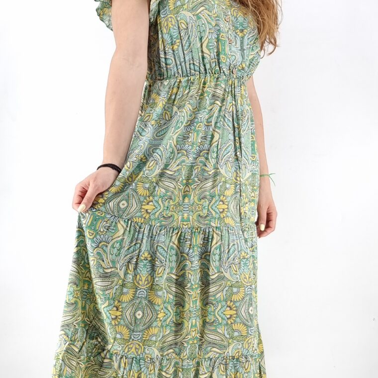 Φόρεμα μακρύ πολύχρωμο με μοτίβο λαχούρι πράσινο