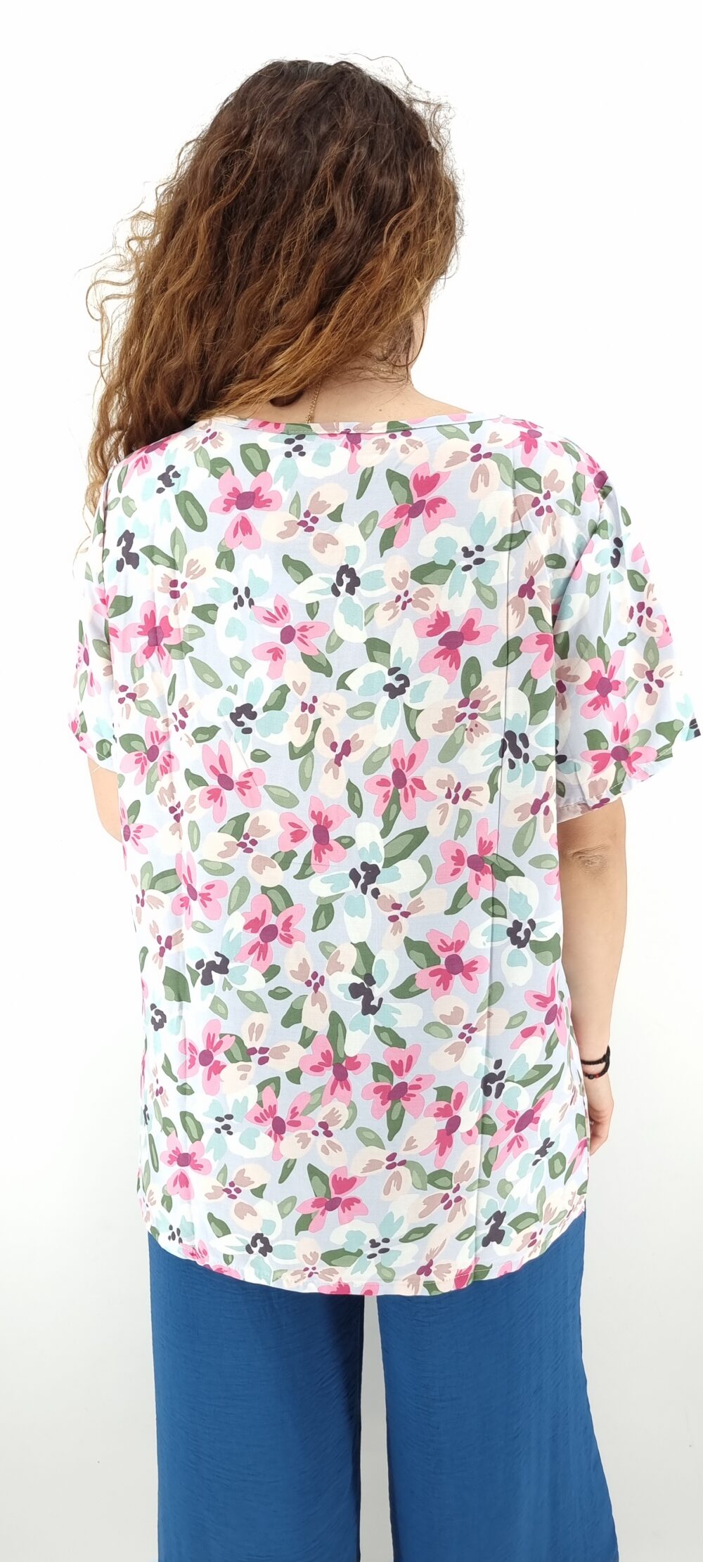 Μπλούζα με μεγάλο φλοράλ μοτίβο σε φαρδιά γραμμή άσπρο ροζ