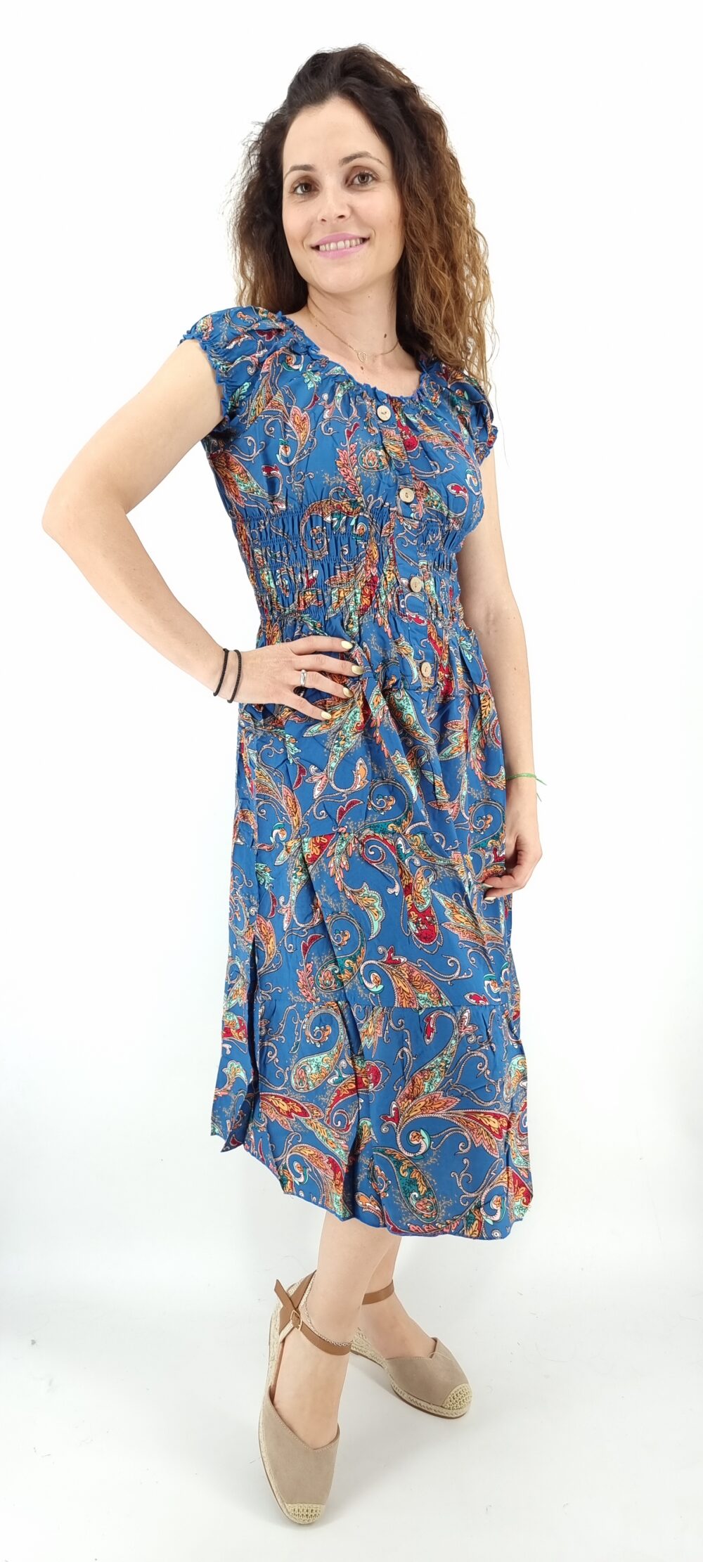 Φόρεμα midi με σχέδιο λαχούρια,σφιγγοφωλιά και διακοσμητικά κουμπιά μπλε