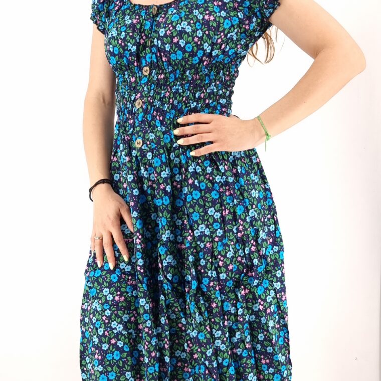 Φόρεμα φλοράλ midi με σφιγγοφωλιά και διακοσμητικά κουμπιά μπλε σκούρο