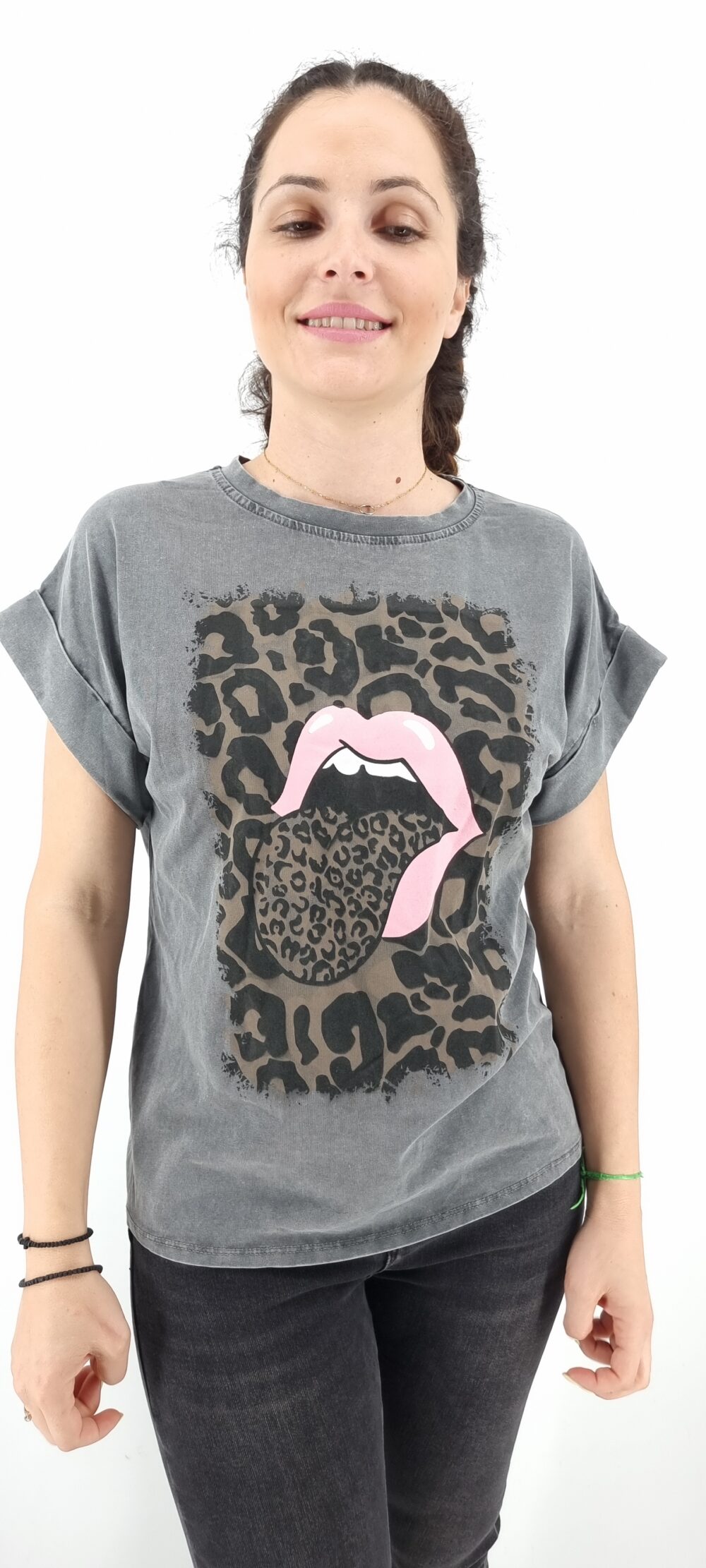 T-shirt γκρι μακό με σχέδιο λεοπάρ και χείλη