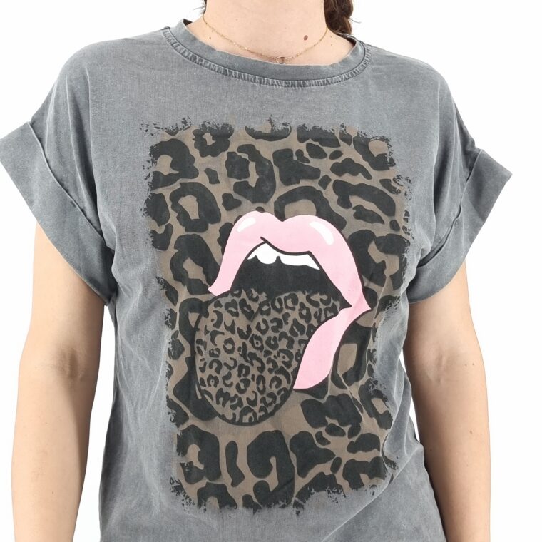 T-shirt γκρι μακό με σχέδιο λεοπάρ και χείλη