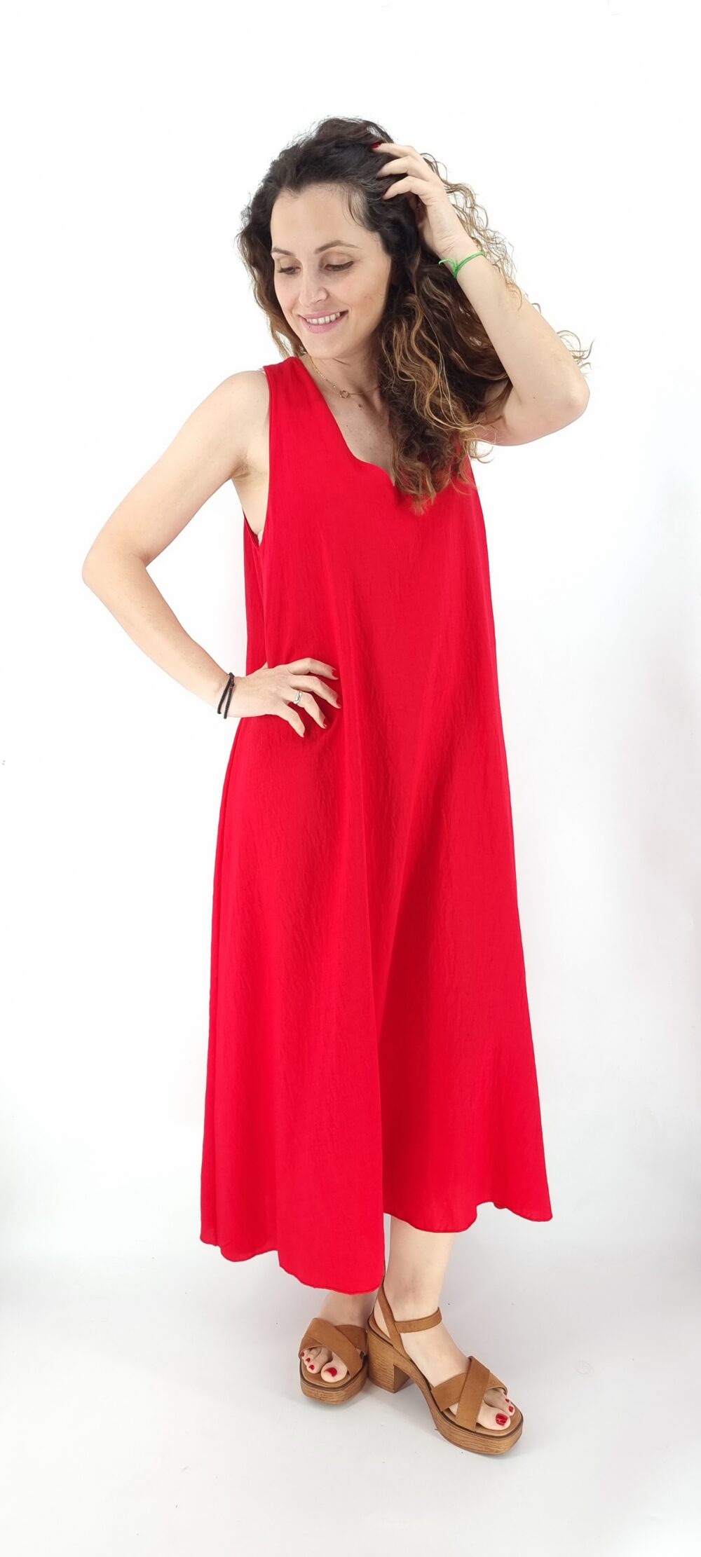 Φόρεμα μακρύ με χοντρή τιράντα και V λαιμόκοψη κόκκινο