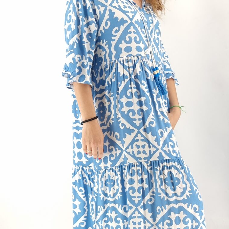 Φόρεμα φαρδύ με μοτίβο λαχούρια μπλε