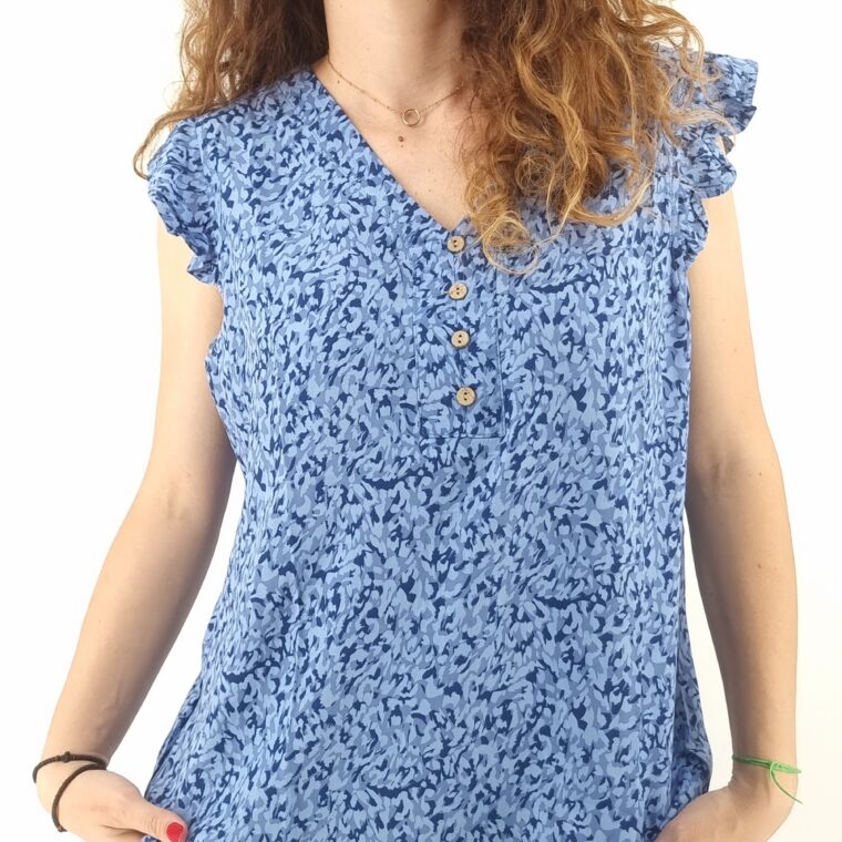 Μπλούζα βαμβακερή φλοράλ με διακοσμητικά κουμπιά μπλε