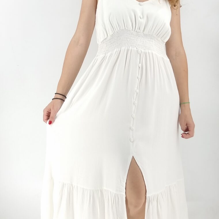 Φόρεμα midi με ρυθμιζόμενο τιραντάκι και διακοσμητικά κουμπία άσπρο