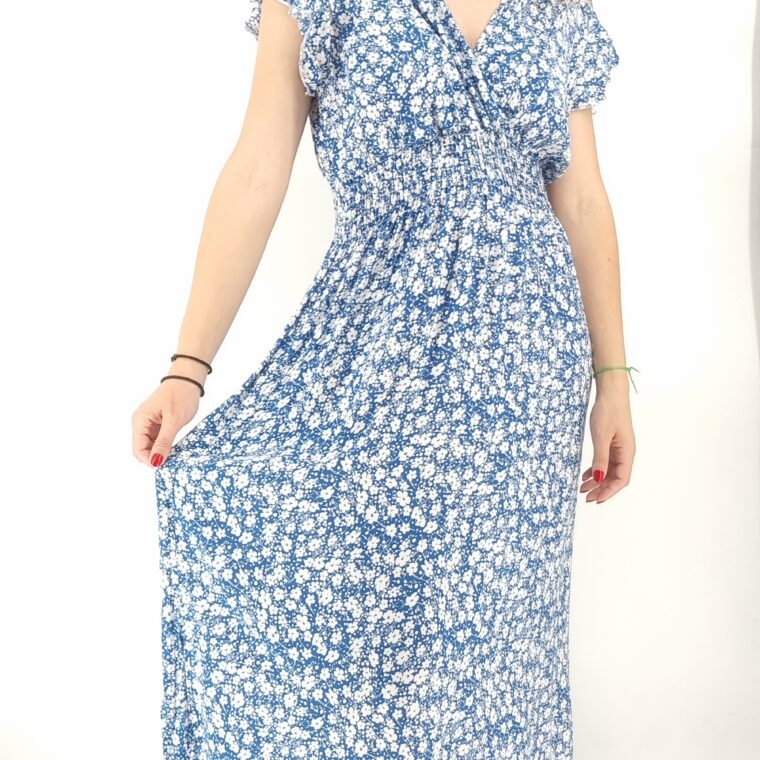 Φόρεμα μακρύ κρουαζέ με μικρό φλοράλ άσπρο μπλε