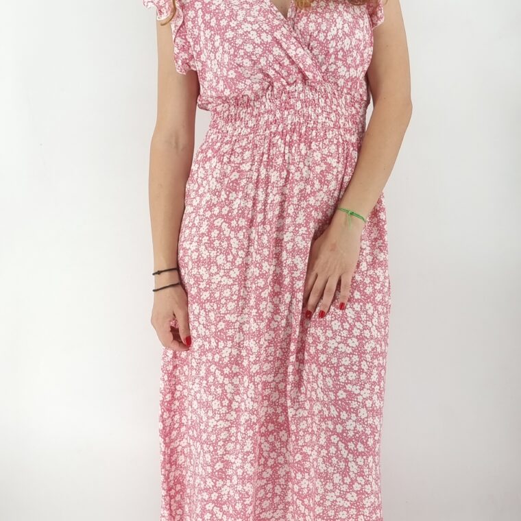 Φόρεμα μακρύ κρουαζέ με μικρό φλοράλ άσπρο ροζ