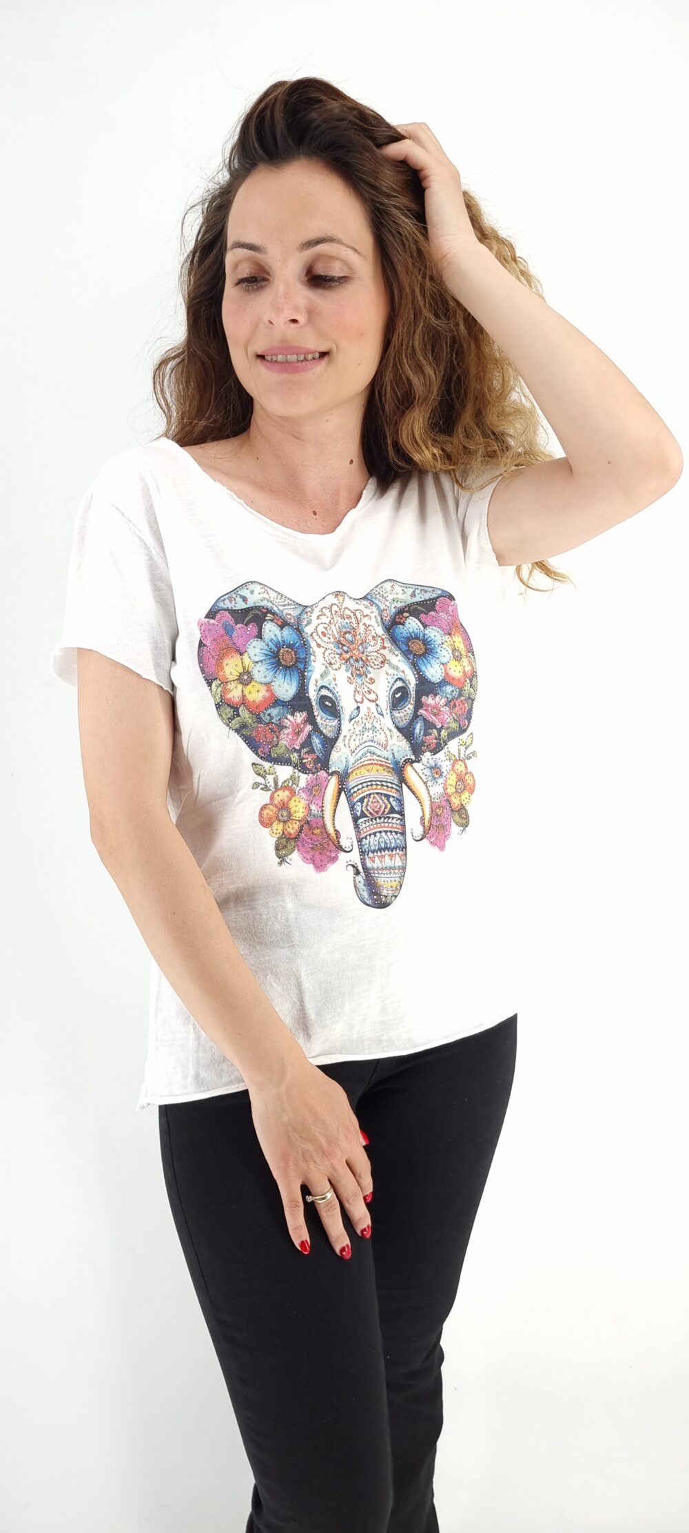 Άσπρο βαμβακερό t-shirt με στάμπα ελεφαντάκι