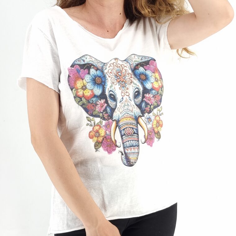 Άσπρο βαμβακερό t-shirt με στάμπα ελεφαντάκι