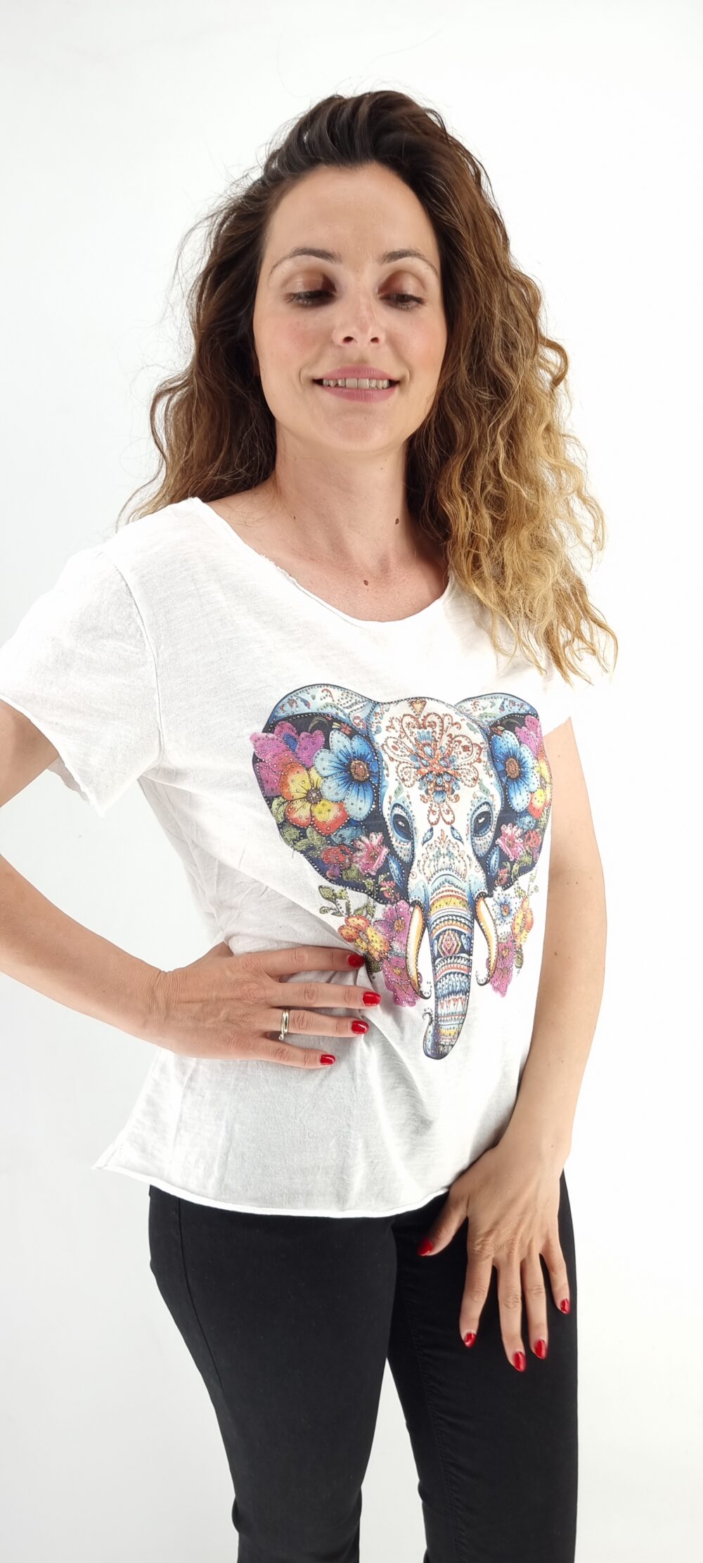 Άσπρο βαμβακερό t-shirt με στάμπα ελεφαντάκι