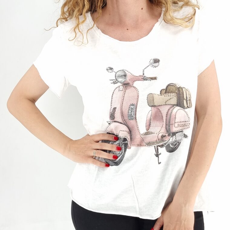 Άσπρο βαμβακερό t-shirt με στάμπα βέσπα