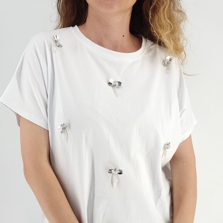 Άσπρο βαμβακερό t-shirt με μοτίβο πεταλούδες