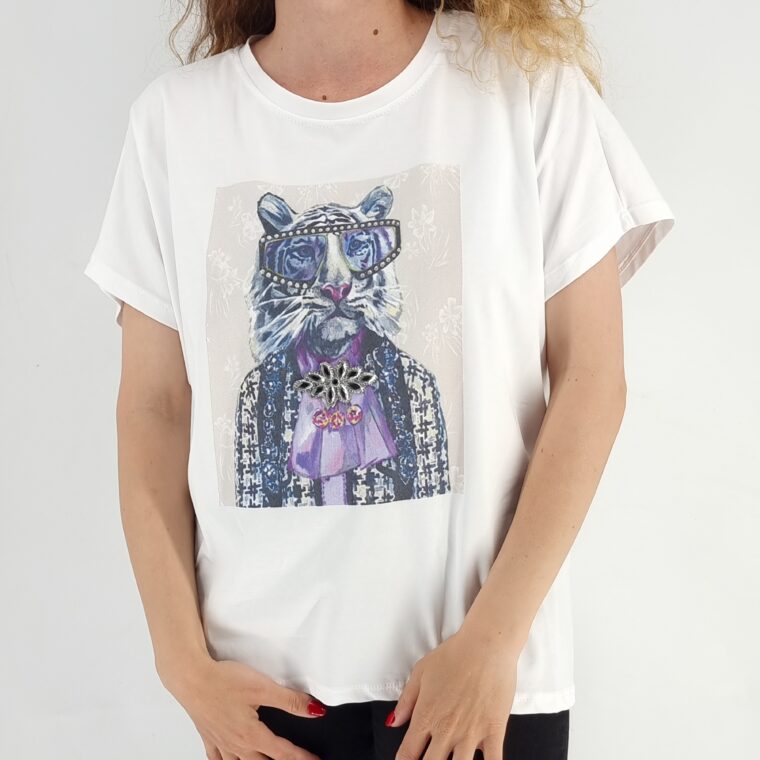 Άσπρο βαμβακερό t-shirt με μοτίβο τίγρη