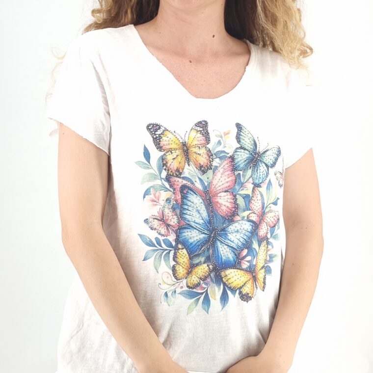 Άσπρο βαμβακερό t-shirt με στάμπα χρωματιστές πεταλούδες
