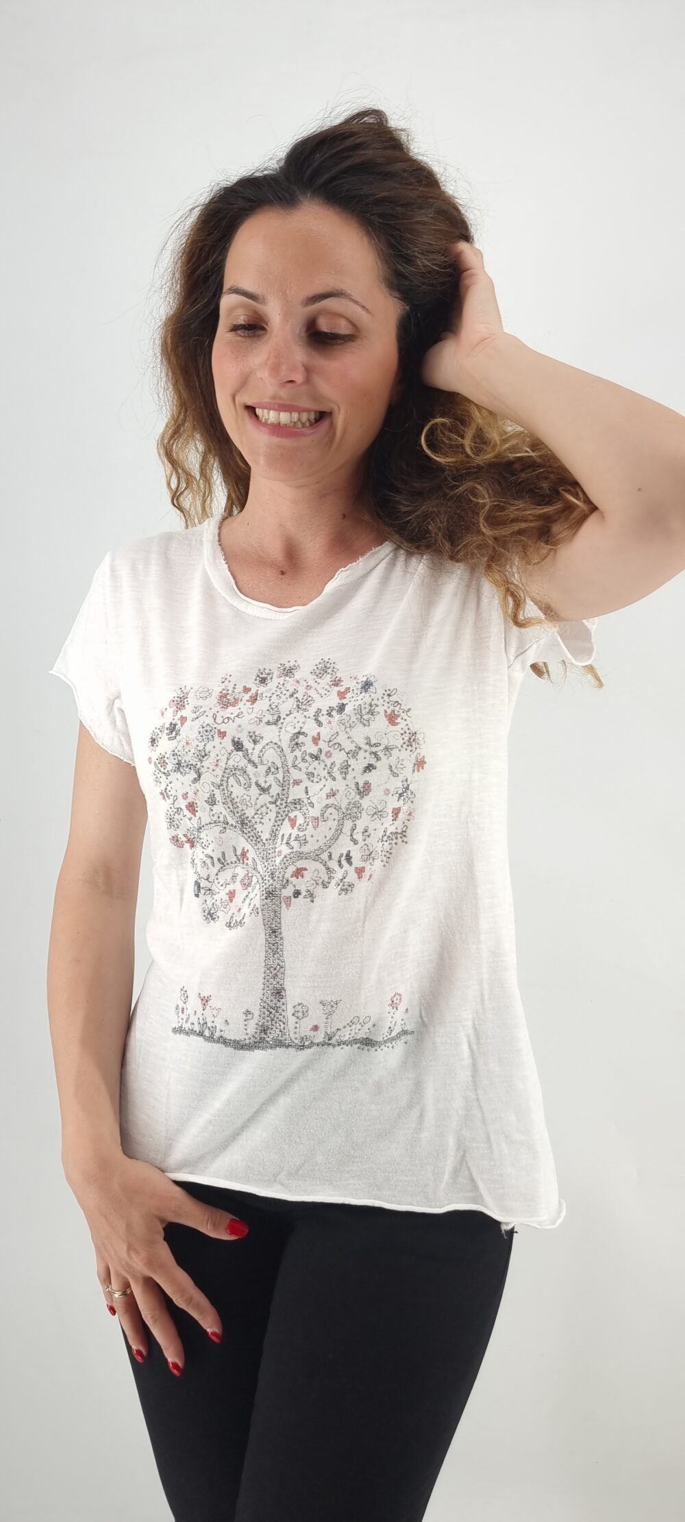 Άσπρο βαμβακερό t-shirt με στάμπα δέντρο