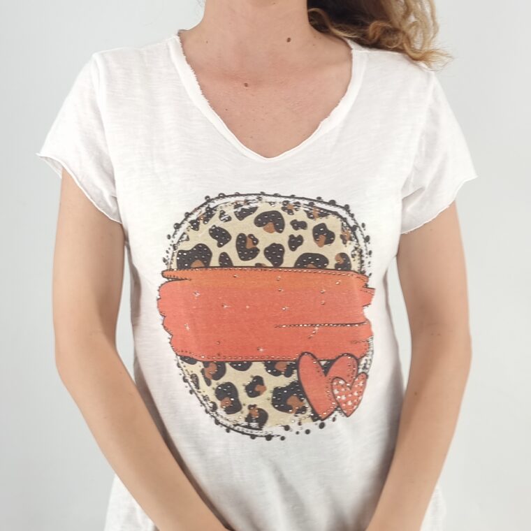 Άσπρο βαμβακερό t-shirt με στάμπα λεοπάρ σχέδιο