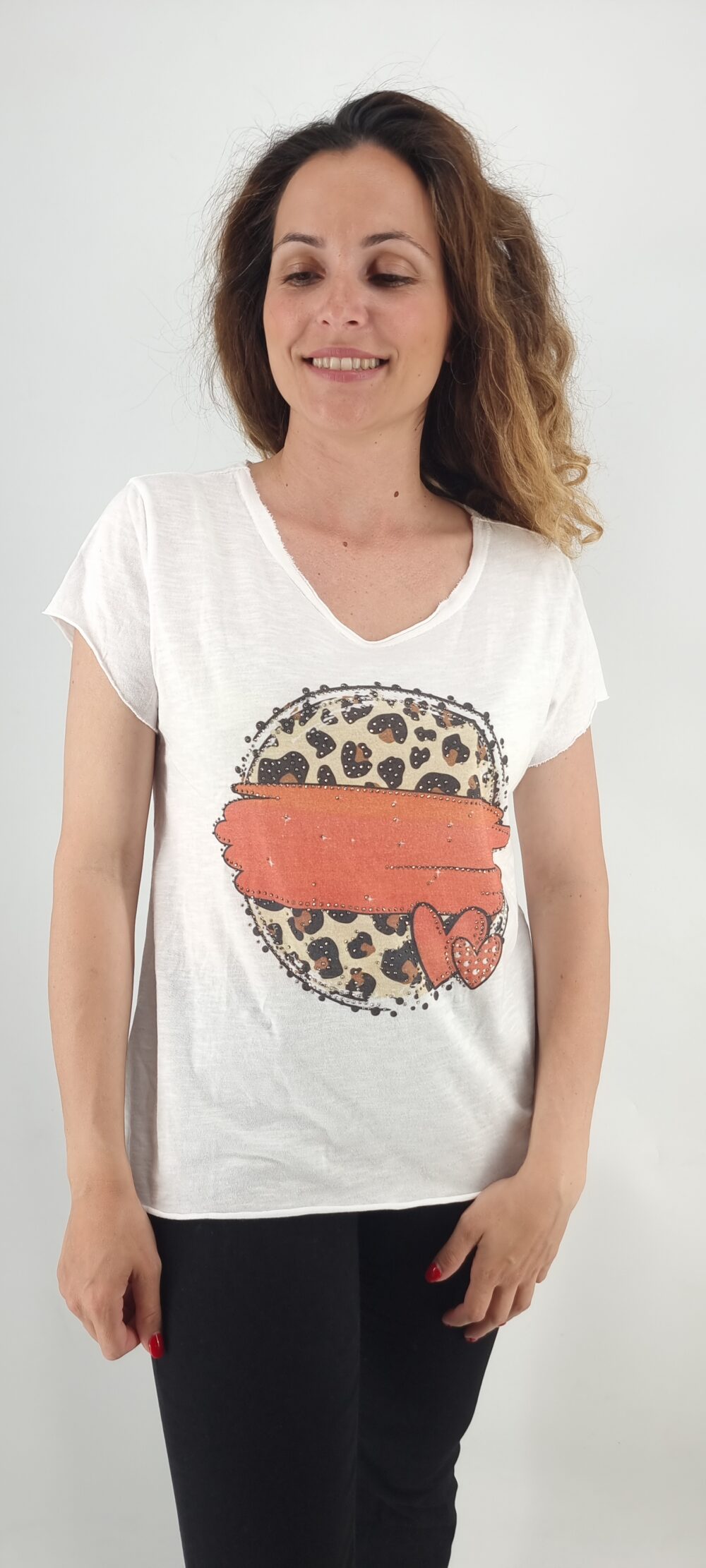 Άσπρο βαμβακερό t-shirt με στάμπα λεοπάρ σχέδιο