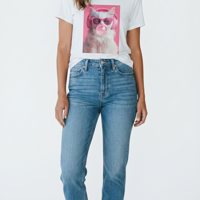 Bαμβακερό Τ shirt με στάμπα γάτα ροζ τσίχλα
