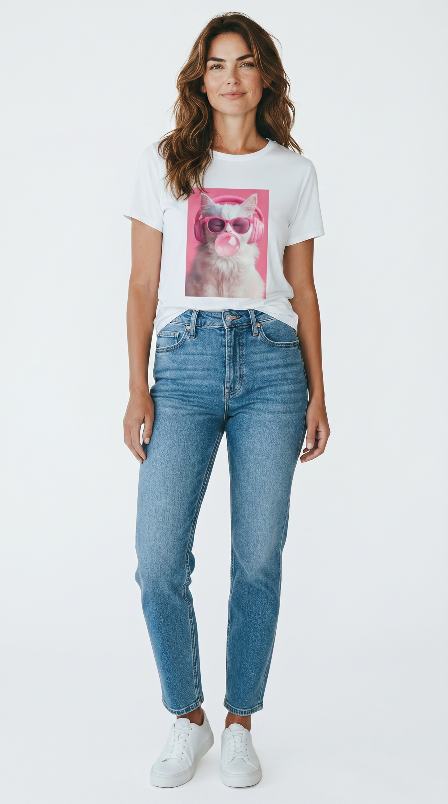 Bαμβακερό Τ shirt με στάμπα γάτα ροζ τσίχλα