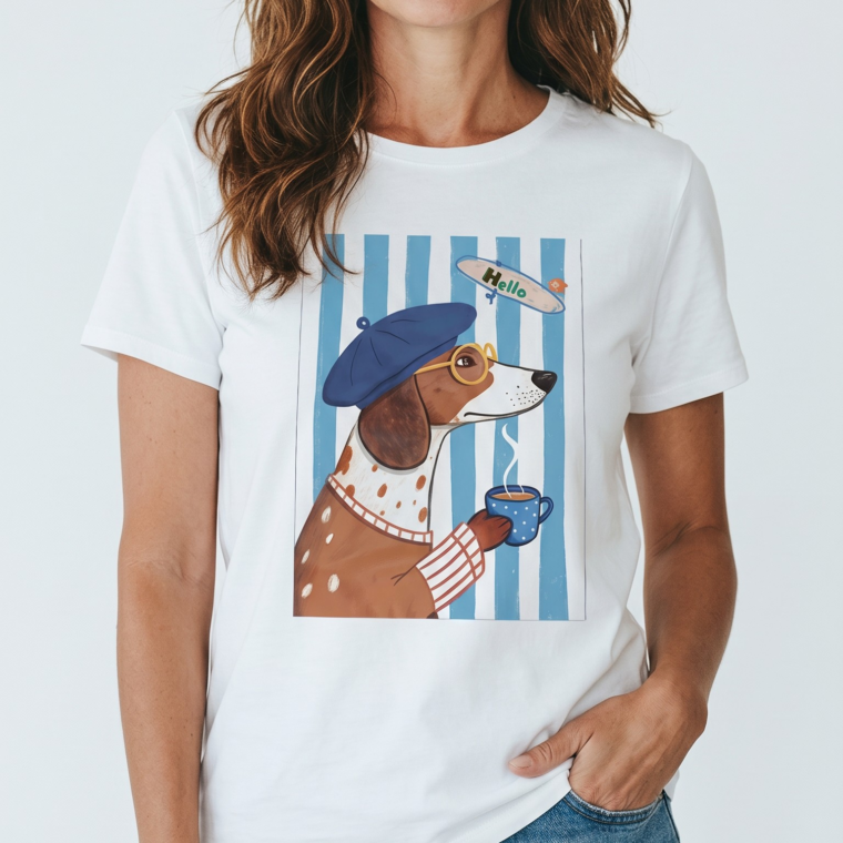 Βαμβακερό t shirt με στάμπα σκυλάκι μπλε ριγέ