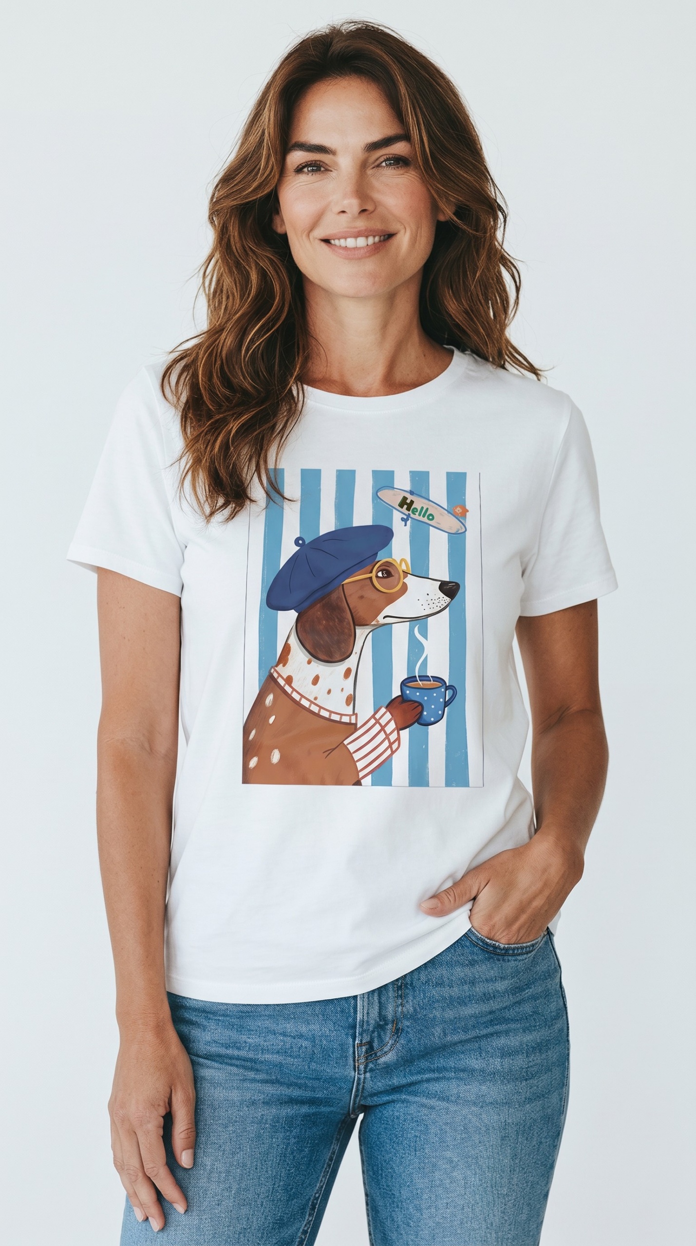 Βαμβακερό t shirt με στάμπα σκυλάκι μπλε ριγέ