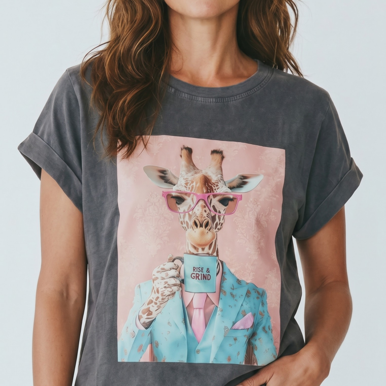 Βαμβακερό T shirt  με στάμπα καμηλοπάρδαλη black