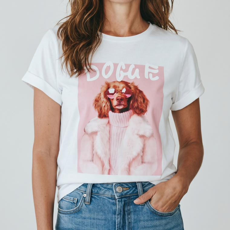 Βαμβακερό Τ shirt με στάμπα σκυλάκι ροζ γούνα