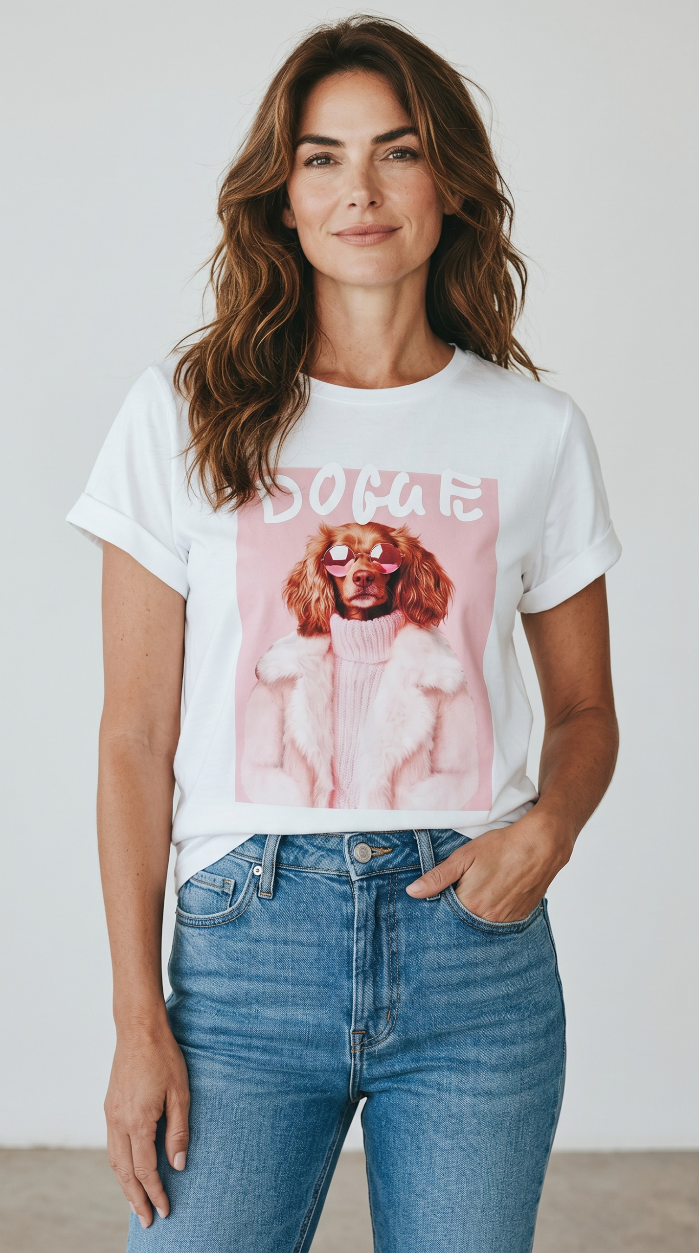 Βαμβακερό Τ shirt με στάμπα σκυλάκι ροζ γούνα