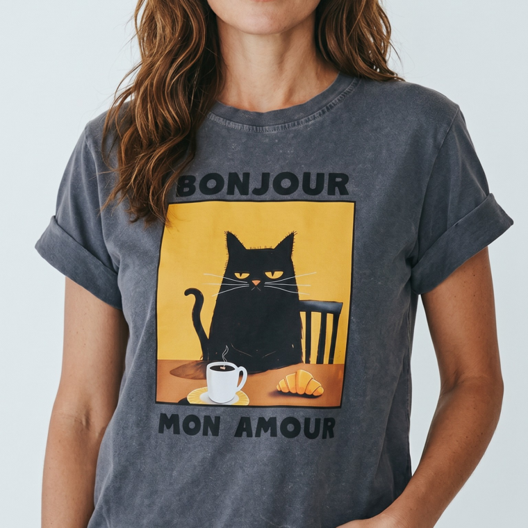 Βαμβακερό Τ shirt με στάμπα γάτα black