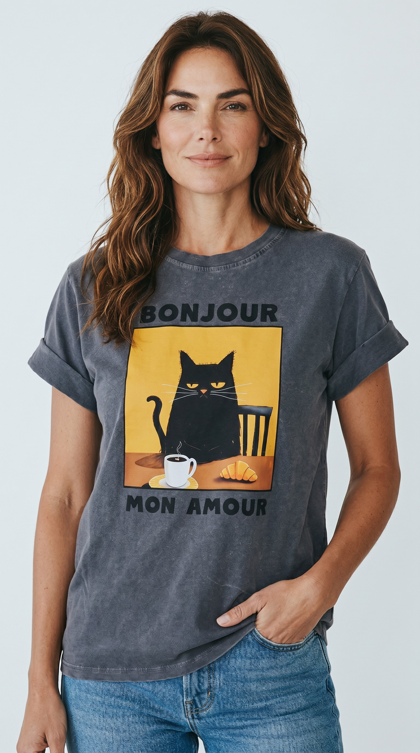 Βαμβακερό Τ shirt με στάμπα γάτα black