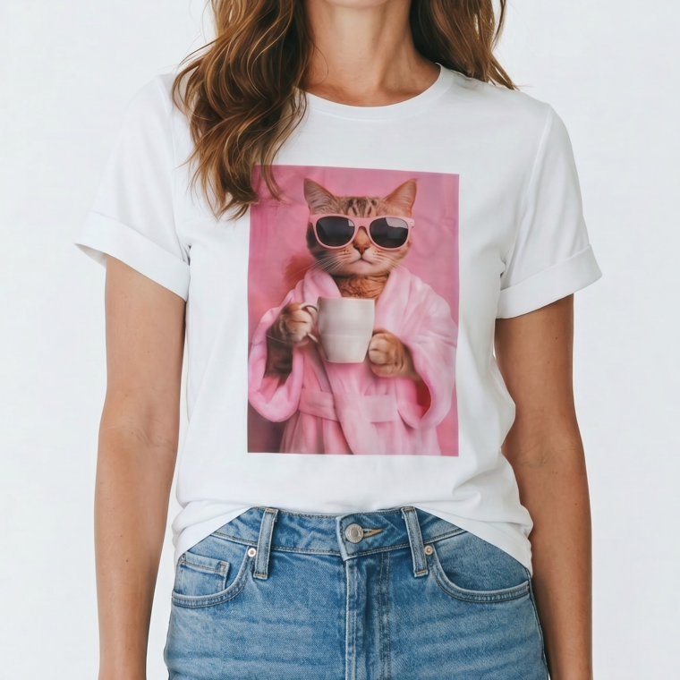 Βαμβακερό Τ shirt με στάμπα γάτα ροζ καφές