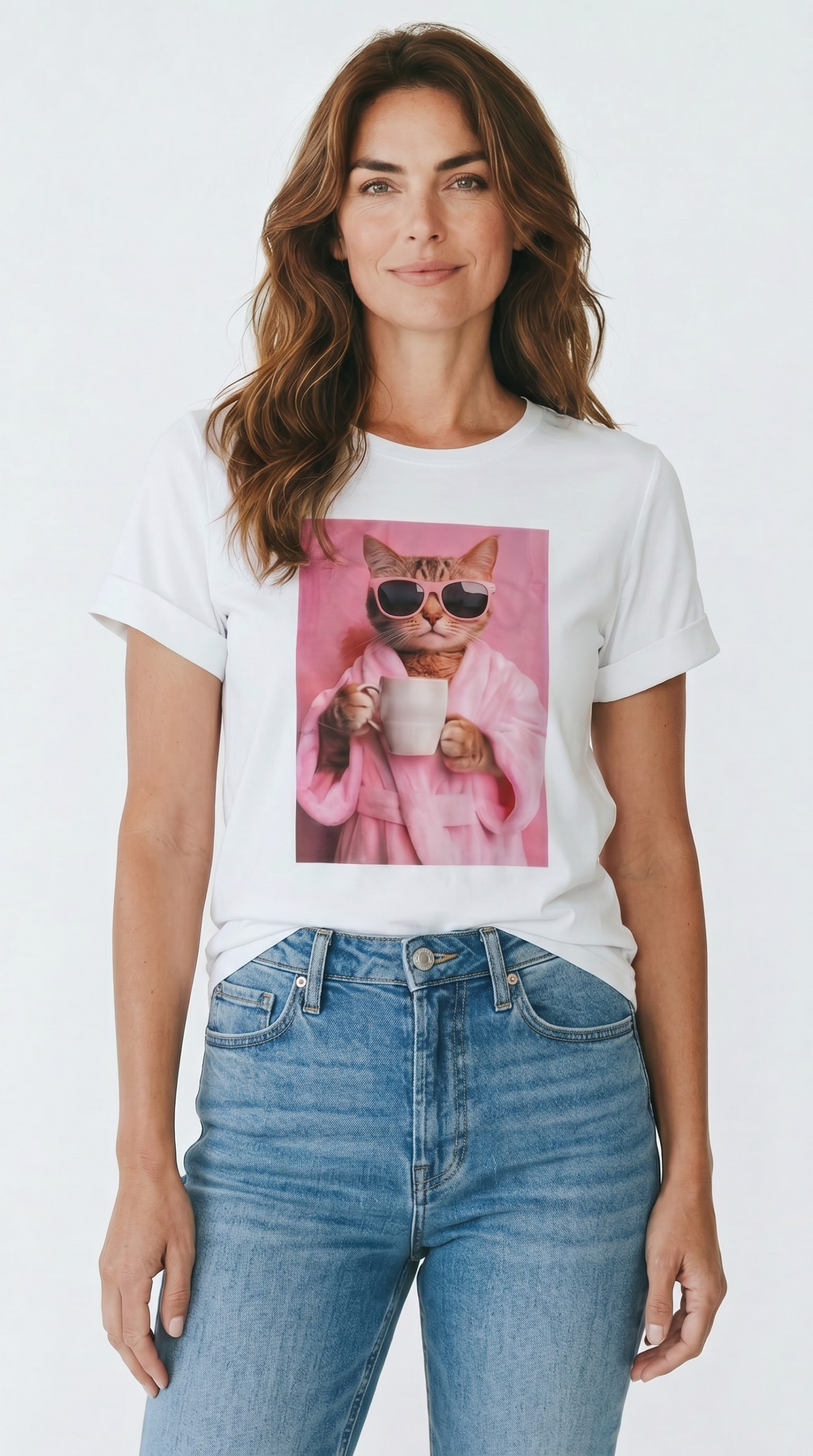 Βαμβακερό Τ shirt με στάμπα γάτα ροζ καφές